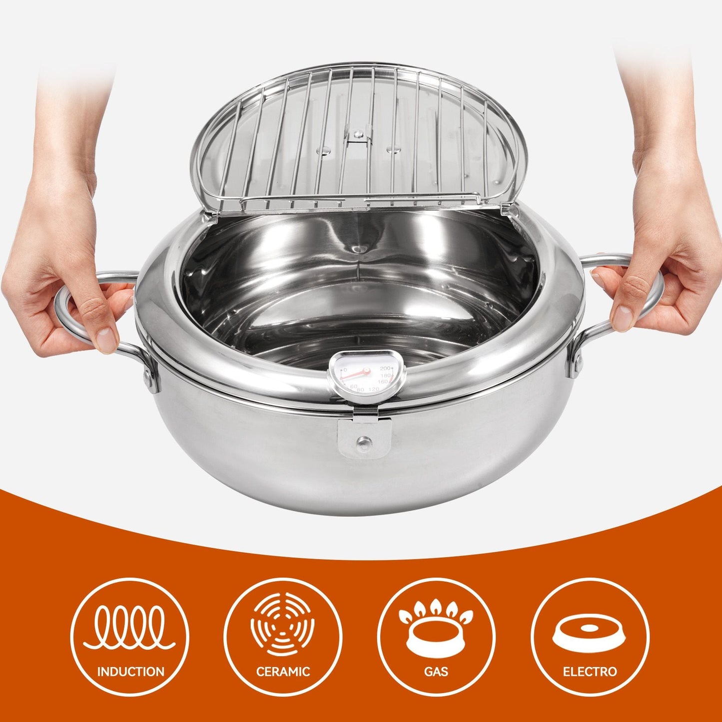 Silver Stainless Steel Deep Fryer with Built-in Dial Thermometer-9.5 inch
