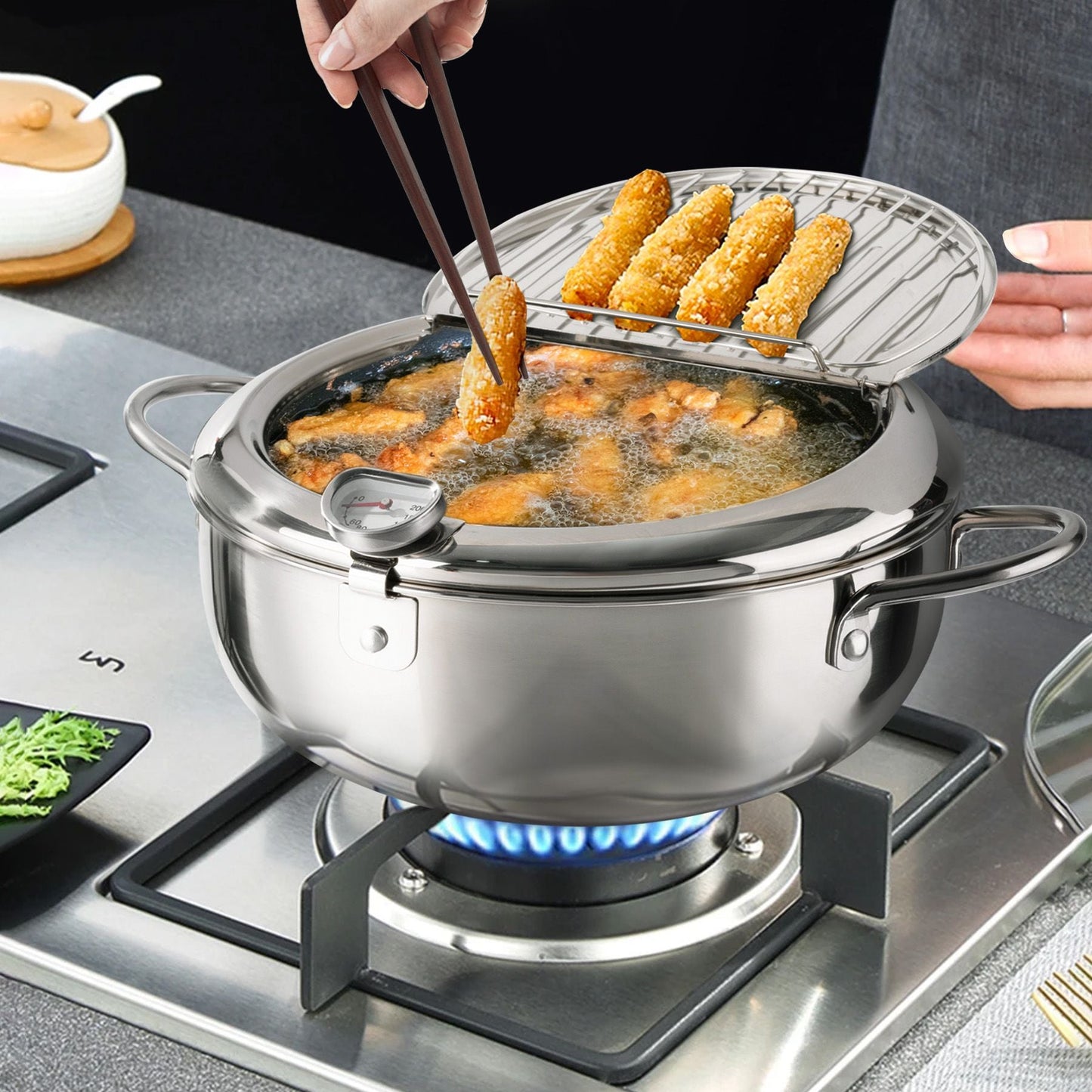 Silver Stainless Steel Deep Fryer with Built-in Dial Thermometer-9.5 inch
