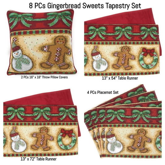 DaDa Bedding Set of 8 Pieces Gingerbread Sweets Holiday Table Tapestry - 4 Placemats, 2 Table Runners, 2 Throw Pillow Covers (12917)