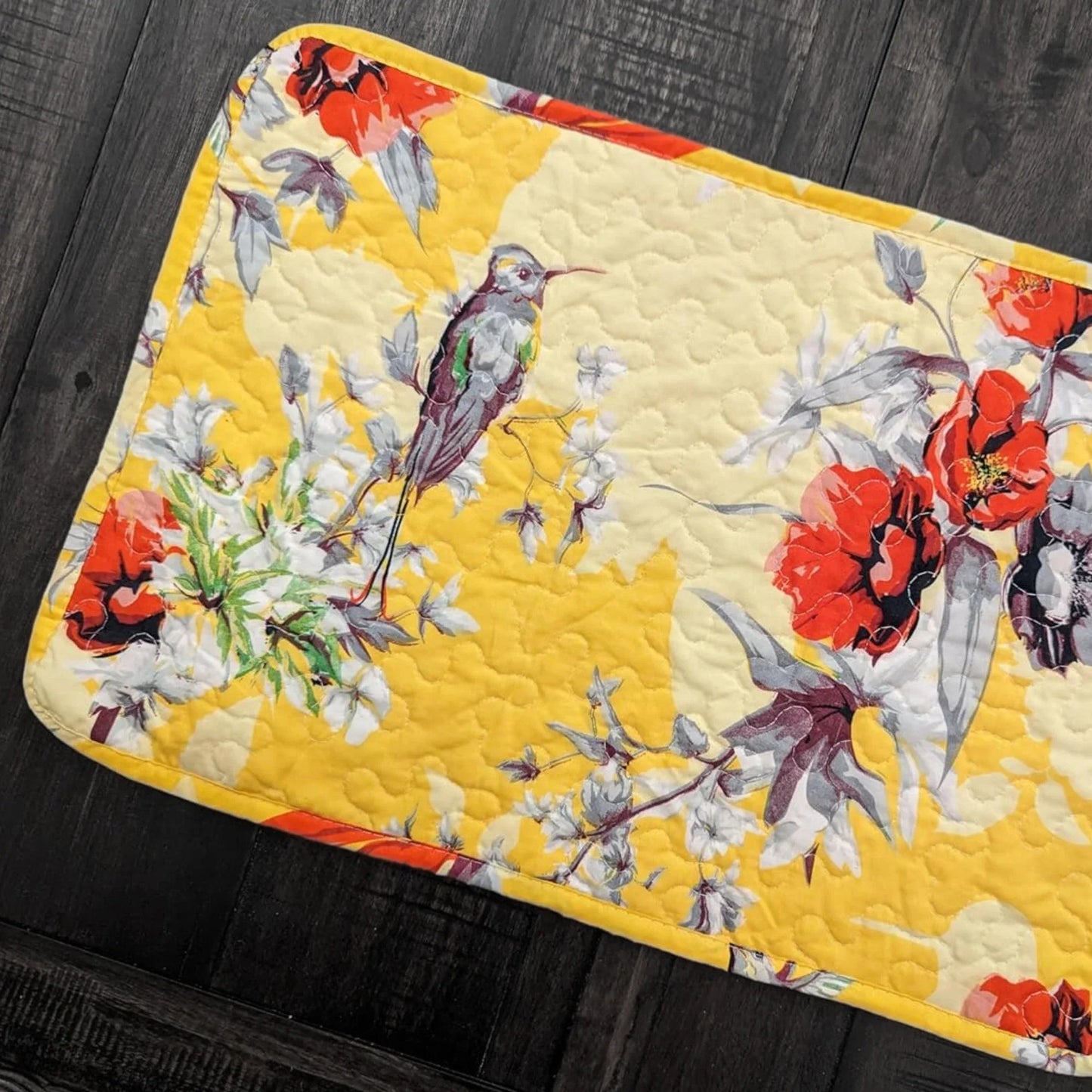 DaDa Bedding Radiant Sunshine Yellow Floral Dining Table Placemats - Set of 4-Pieces Quilted Hummingbirds Farmhouse Red Flowers - 13 x 19