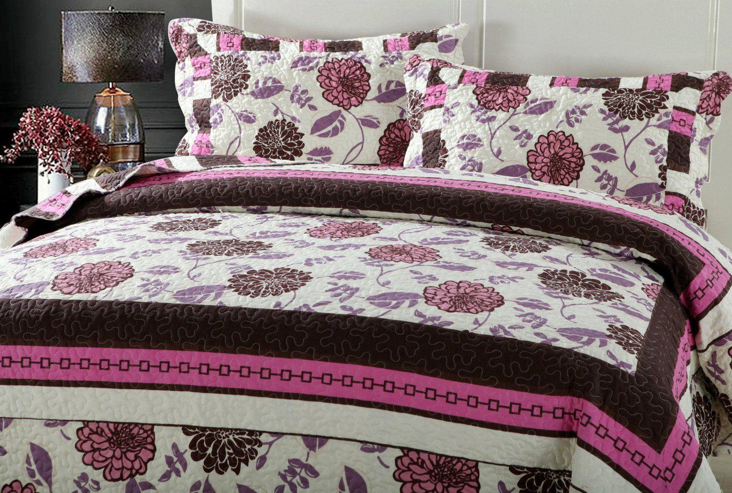 DaDa Bedding Bohemian Purple Blooms Floral Garden Pink Brown Bedspread Set (KBJ1629)
