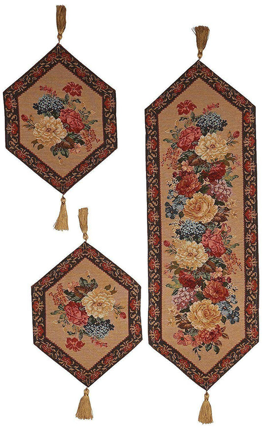 DaDa Bedding Set of 3-Pieces - Breath of Spring Floral Beige Woven Dining Tapestry Table Runners (3089)